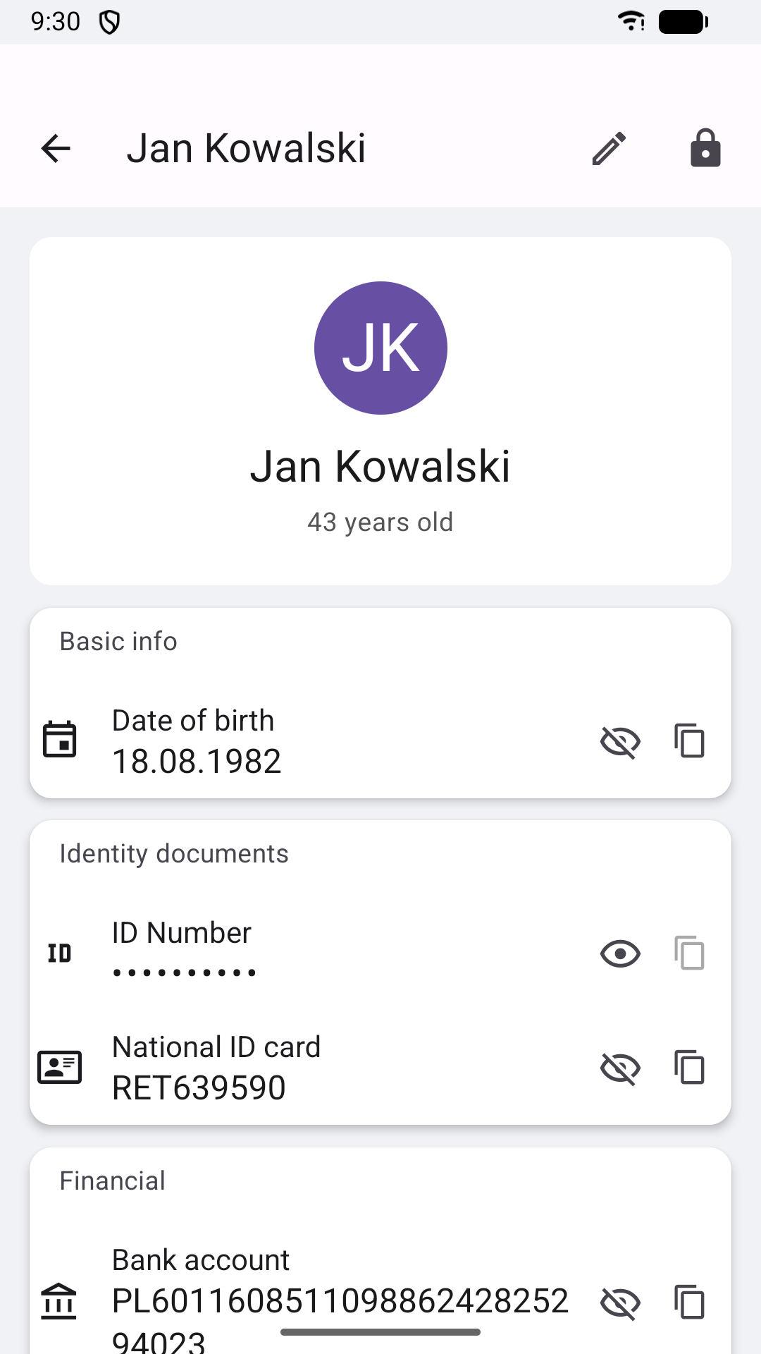 Person details — ID and account numbers masked with dots, revealed with the eye icon