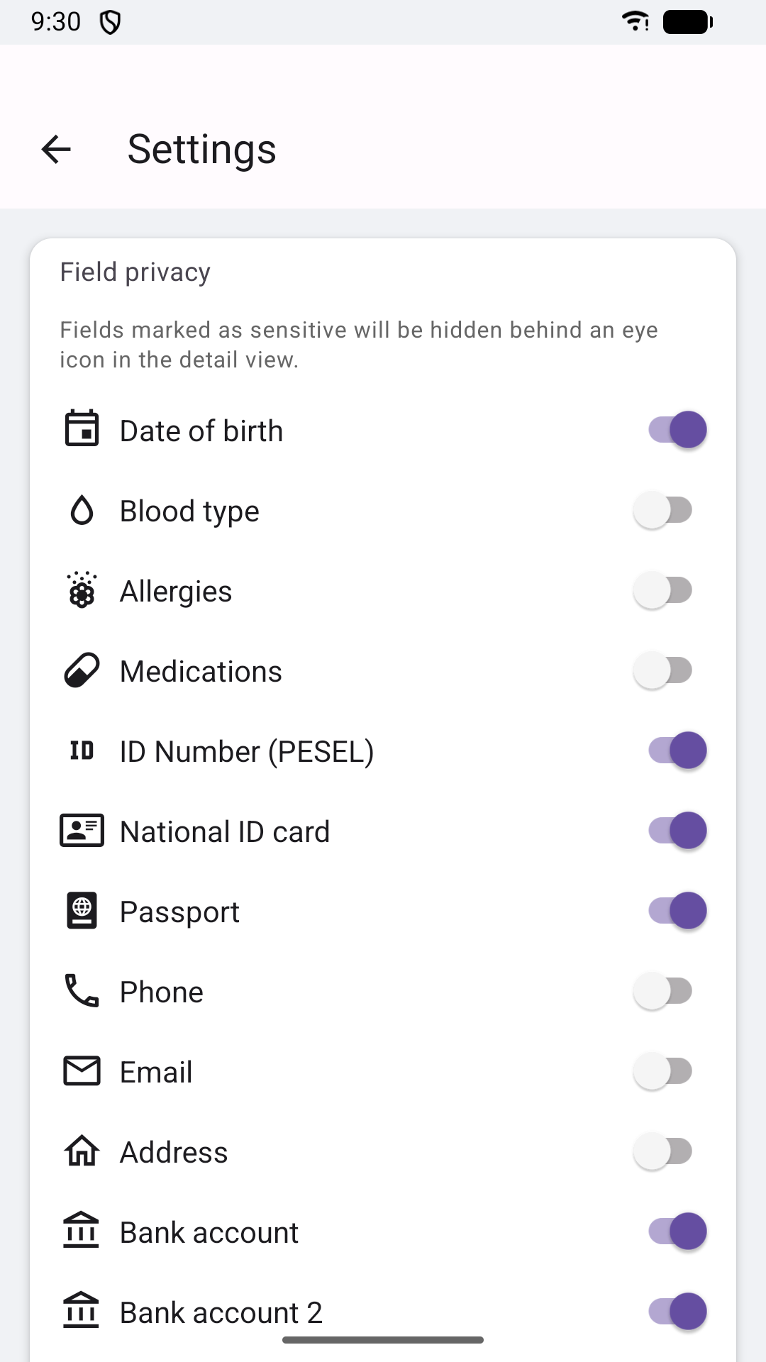 Field privacy settings — switches controlling which fields are masked