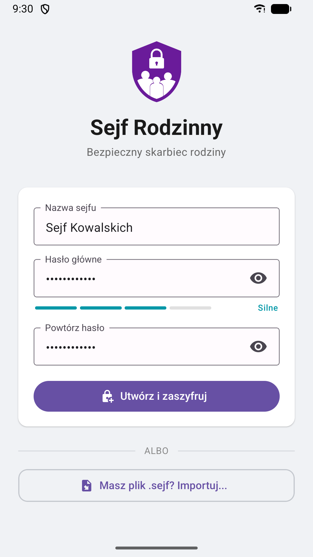 Ekran tworzenia nowego sejfu — nazwa, hasło główne ze wskaźnikiem siły, przycisk „Utwórz i zaszyfruj”