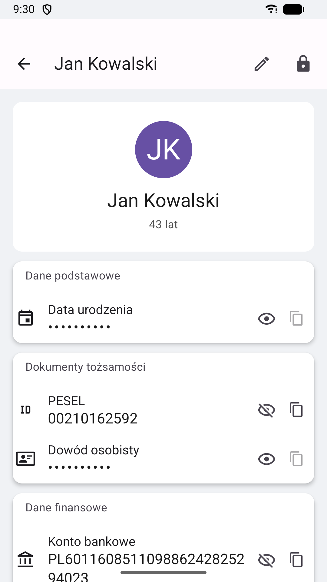 Szczegóły osoby — PESEL i numer konta zamaskowane kropkami, odsłaniane ikoną oka