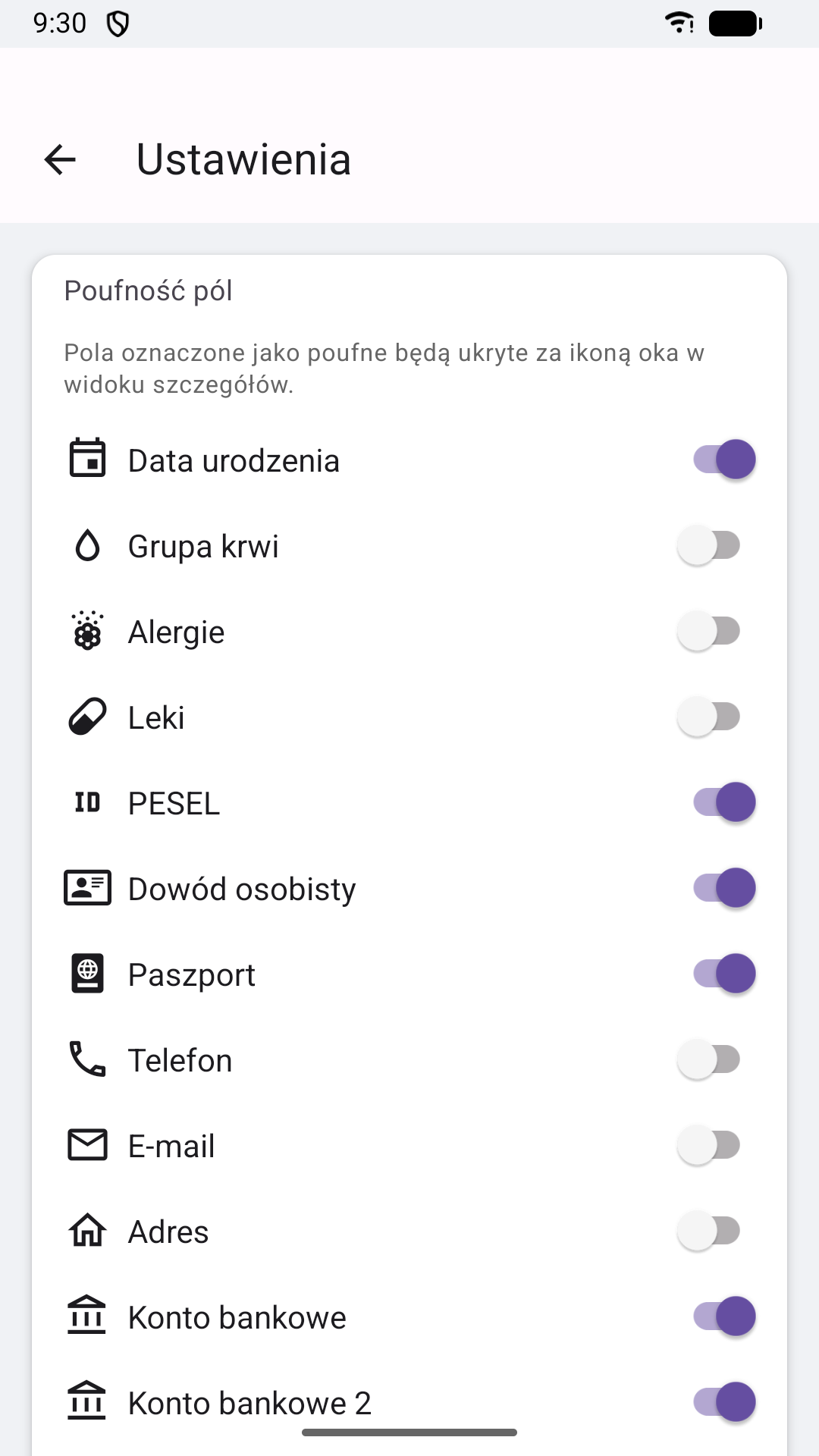 Ustawienia poufności pól — przełączniki decydujące, które dane są maskowane