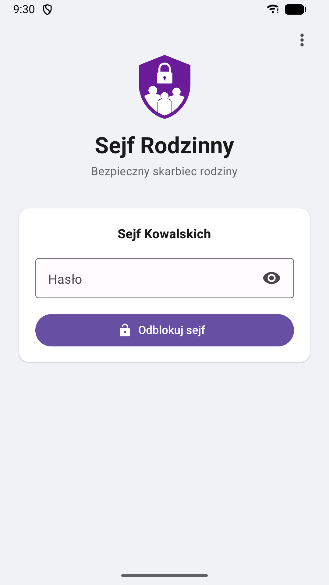 Ekran odblokowania sejfu hasłem